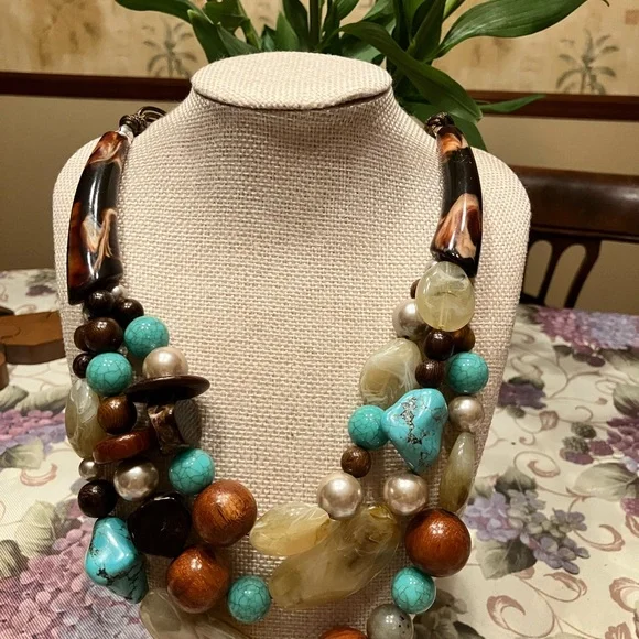 CHICOS ONE OF A KIND NECKLACE WITH AUTHENTIC TURQUOISE, ACRYLIC, WOOD and STONE - Picture 10 of 16